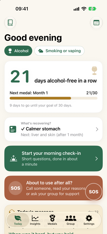 The Online Rehab dashboard with a 21-day alcohol-free streak, a morning check-in and the SOS button