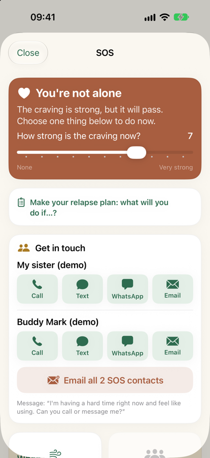The SOS screen with your relapse plan, contacts, a breathing exercise and meetings